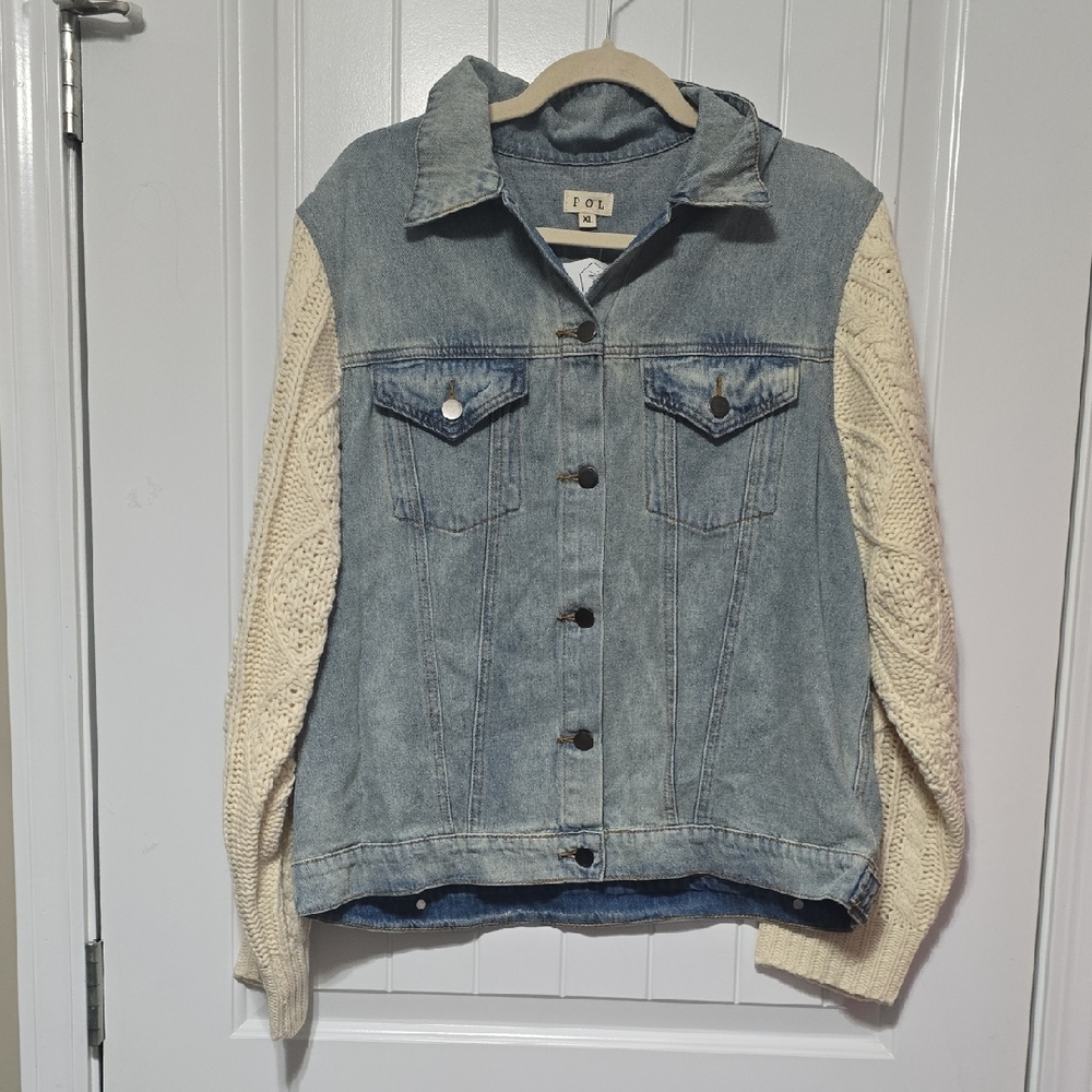 POL Blue Denim Jacket with Cream Knit Sleeves